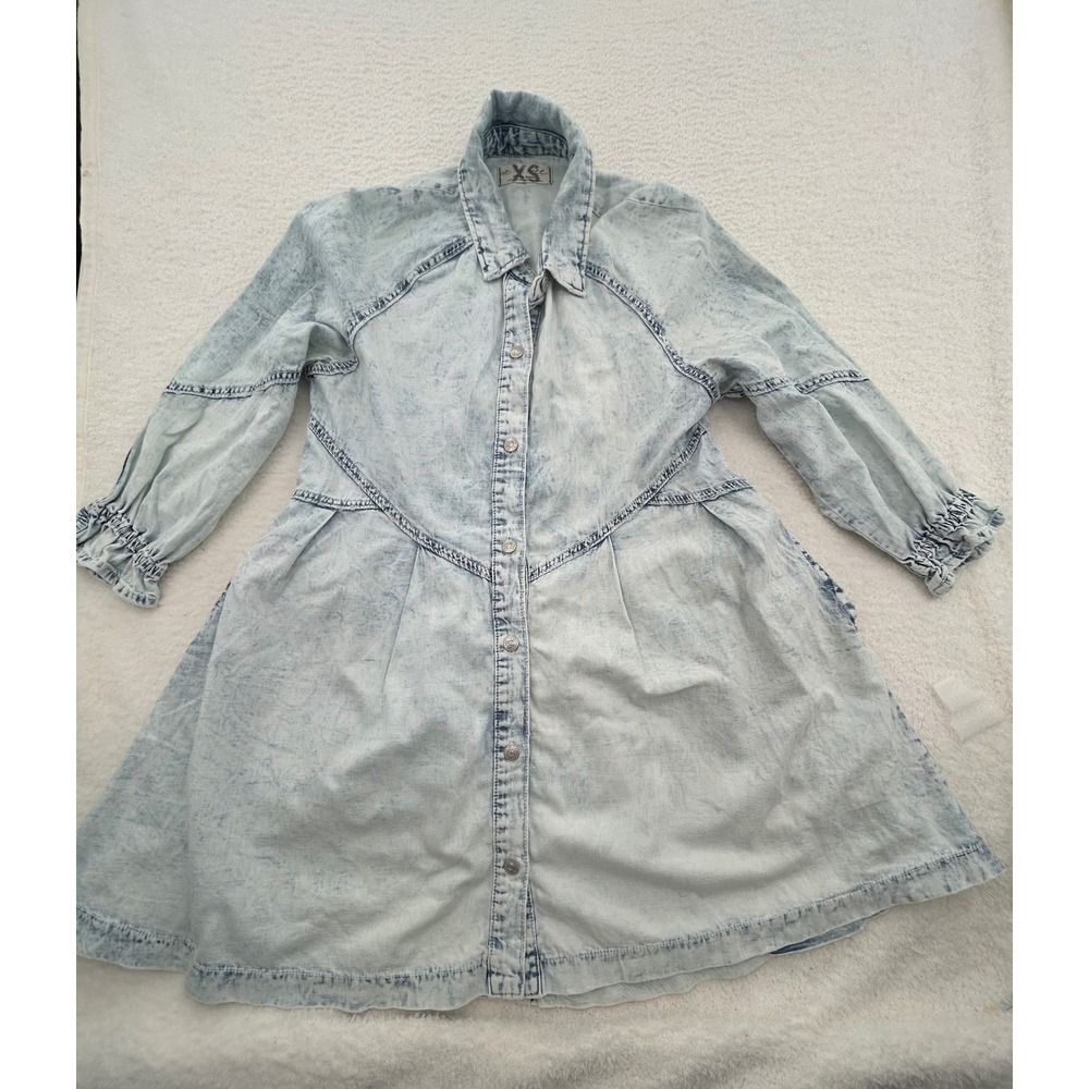 Free People We The Free Acid Wash Denim Mini Dress Light Blue XS Button Front